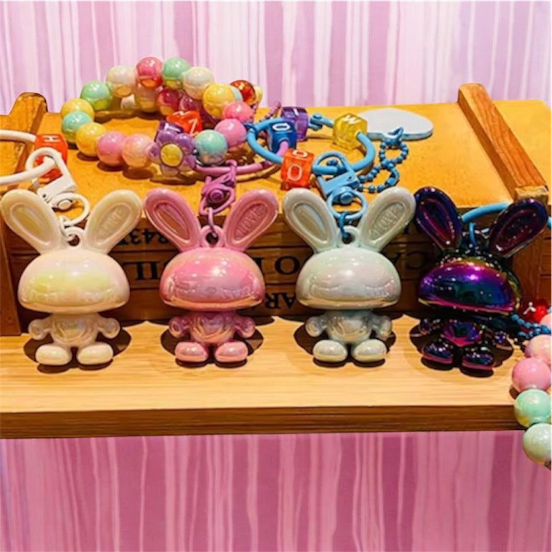 ELECTROPLATED RABBIT BEADED KEYCHAIN
